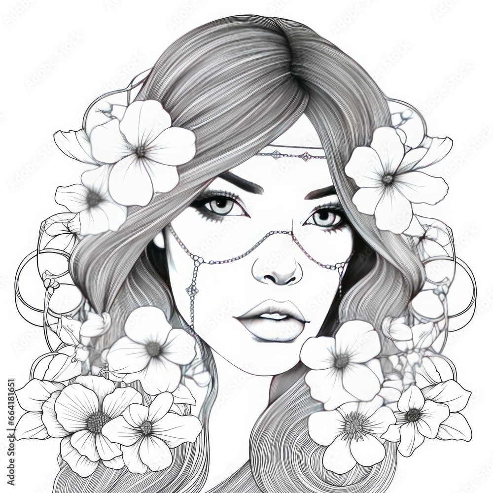 A girl on a coloring book page with Jasmine flowers. A girl on a coloring book page with Jasmine flowers.