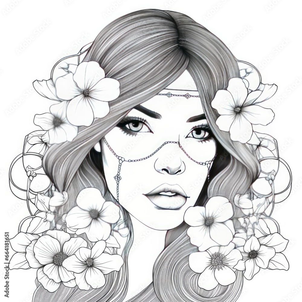 A girl on a coloring book page with Jasmine flowers.