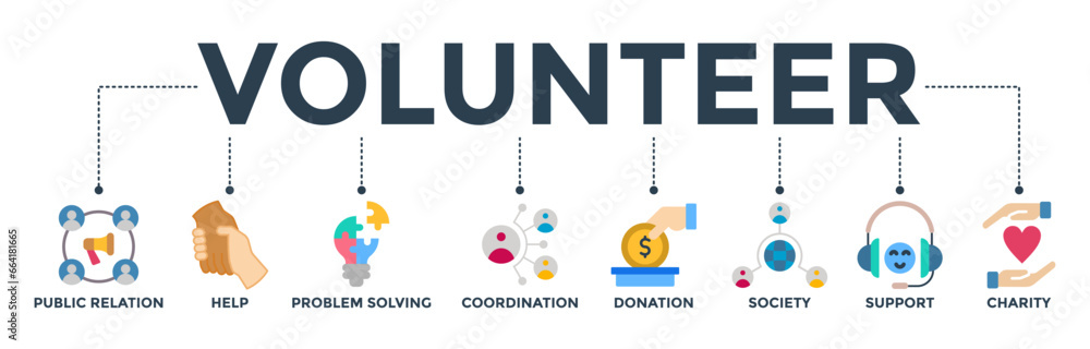 Volunteer banner web icon vector illustration concept with icon of public relations, help, problem-solving, coordination, donation, society, support, charity Volunteer banner web icon vector illustration concept with icon of public relations, help, problem-solving, coordination, donation, society, support, charity
