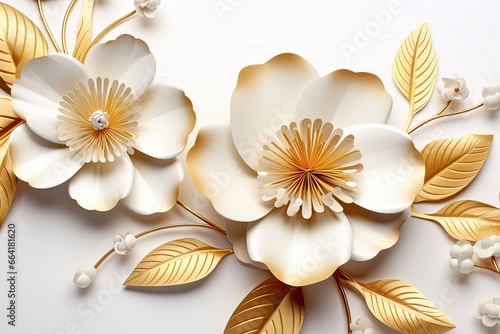 3d gold flowers white backgroung. #664181620
