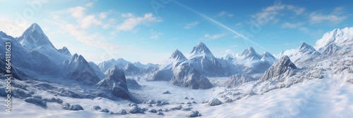 vast desolated snow land, big mountains in the background, snowfall with light blue sky and light blue colors, peaceful atmosphere.