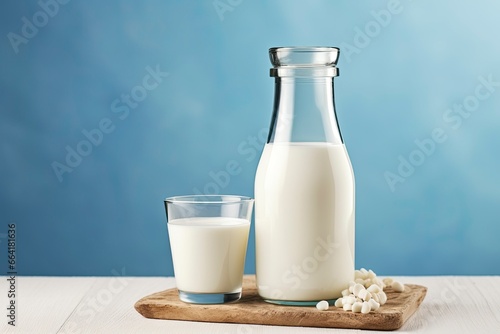 A bottle of milk and a glass of milk on a wooden table on a blue background.