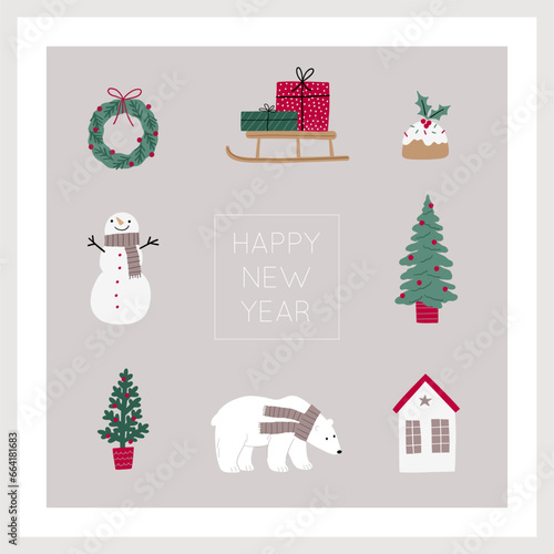 Cute cartoon Christmas bears -  vector illustration with chracter bear in flat style. Holidays print. Winter forest  trees  gifts  bears  baby bear