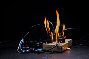 An electrical plug fire is caused by a short circuit of electrical current. Concept of prevention of danger. Using non-standard equipment, damaged equipment