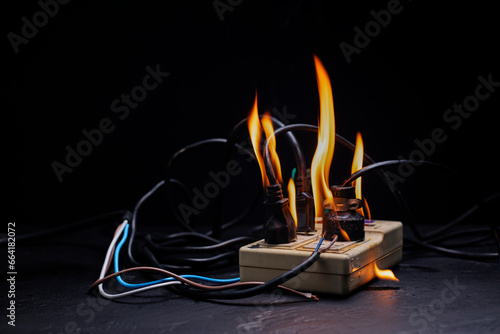 An electrical plug fire is caused by a short circuit of electrical current. Concept of prevention of danger. Using non-standard equipment, damaged equipment photo