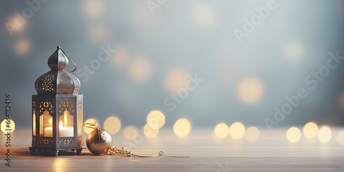 Celebration of islamic eid mubarak and eid al adha lantern in a light background.