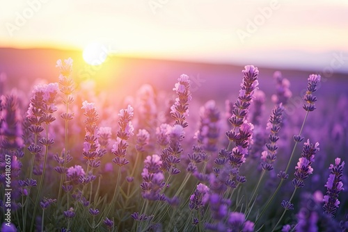 Close up lavender flowers in beautiful field at sunset.