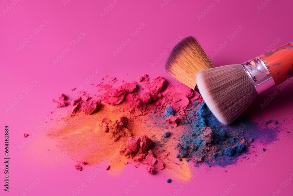 Big brush & eyeshadow on pink background with colorful powders. Generative AI - obrazy, fototapety, plakaty 