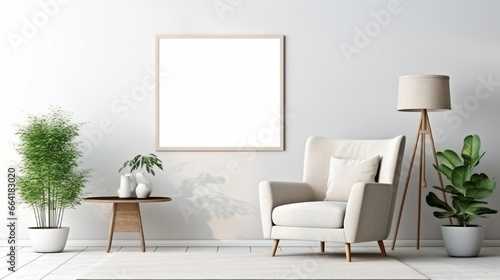 Minimalist composition of elegant living room space with white boucle armchair, photos mock up frames, carpet, coffee table, lamp, decoration and personal accessories. Copy space. Template. © Faheem