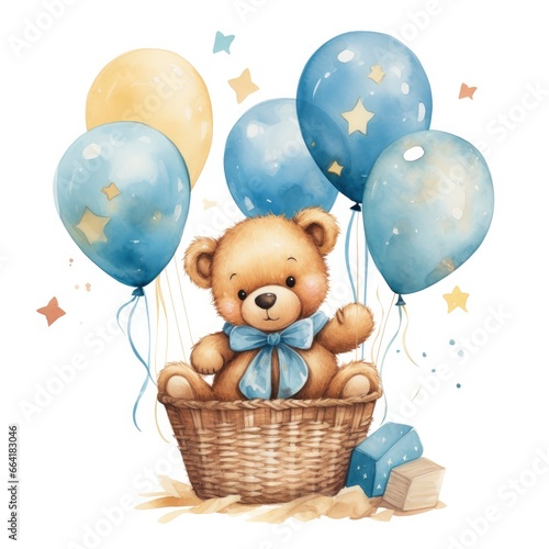 A watercolor baby teddy bear is sitting in the basket with blue and gold balloons.