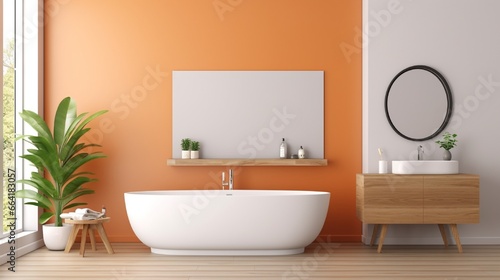 Modern bathroom interior with brown parquet floor  white and orange walls  vanity white sink  oval mirror  bathtub  interior plants  front view. Vintage bathroom with Japandi concept. 3D rendering