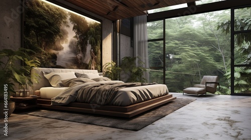 Modern contemporary loft style bedroom with tropical style garden view 3d render,The room has concrete tiled floors and walls and wooden ceilings. Furnished with brown furniture