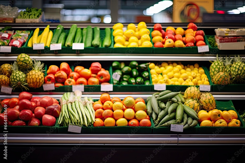 Fruits and vegetables on shop stand in supermarket grocery store.