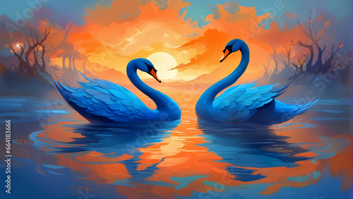 Fototapeta Naklejka Na Ścianę i Meble -  Two swans in the lake during sunset.