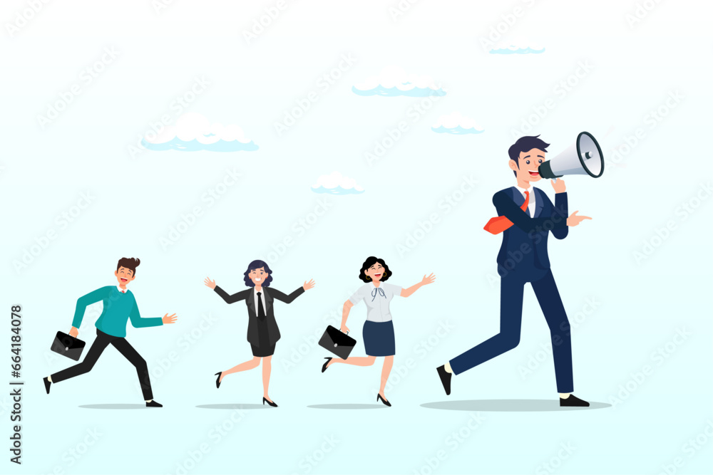 Businessman leader megaphone pointing team direction, leadership for team direction, success strategy, lead team to achieve goal, inspiration or motivate employee, manager or company mission (Vector)