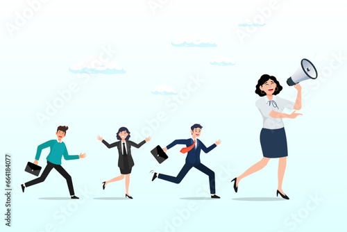 Businesswoman leader megaphone pointing team direction  leadership for team direction  success strategy  lead team to achieve goal  inspiration or motivate employee  manager  company mission  Vector 