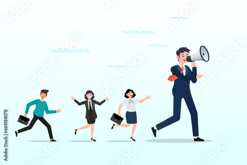 Businessman leader megaphone pointing team direction  leadership for team direction  success strategy  lead team to achieve goal  inspiration or motivate employee  manager or company mission  Vector 