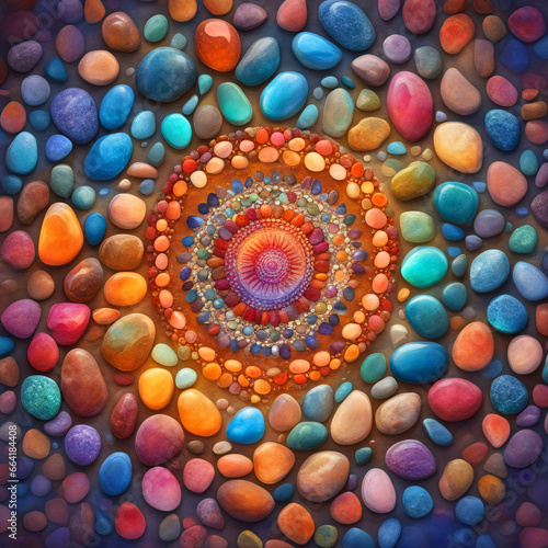 Abstract colorful mandala made with decorated stones and pebbles. 
