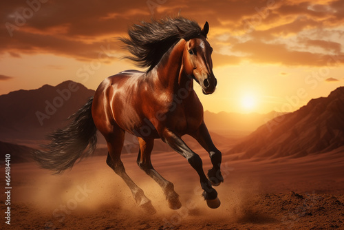 Nature  landscape and animals concept. Majestic wild horse galloping through desert