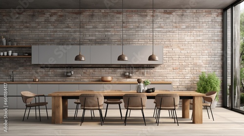 Modern kitchen interior with gray and white brick walls, a concrete floor and gray and wooden countertops. A long table with chairs near it. A mock up wall. 3d rendering © Faheem