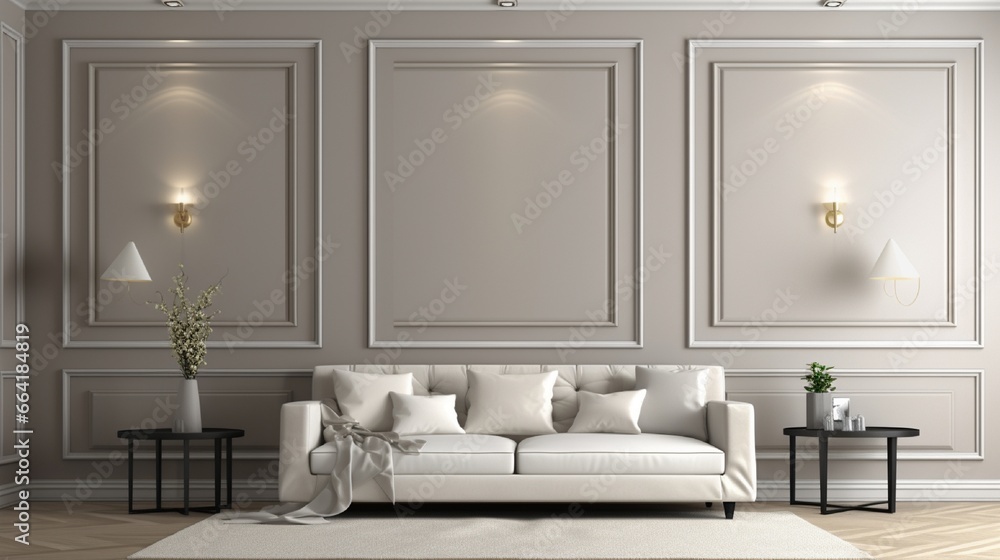 Modern minimalist gray, beige interior with sofa, wall moldings, carpet and decor. 3d render illustration mockup. Modern minimalist gray, beige interior with sofa, wall moldings, carpet and decor. 3d render illustration mockup.
