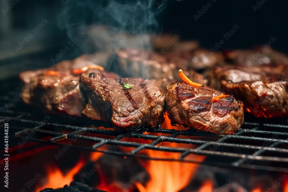 Meat grilling on a charcoal grill with smoke rising.. Meat grilling on a charcoal grill with smoke rising..