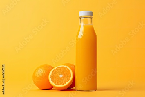Orange Juice bottle on orange background. © Anny