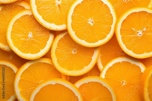 Orange fruit slices citrus arrangement full frame background. © Anny