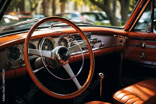 Vintage car's dashboard and steering wheel with a classic 50-60s car interior style. Generative AI © Ismael