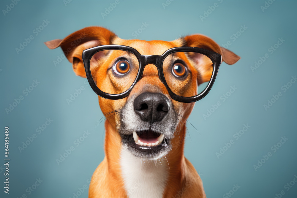 portrait of shocked dog wearing glasses