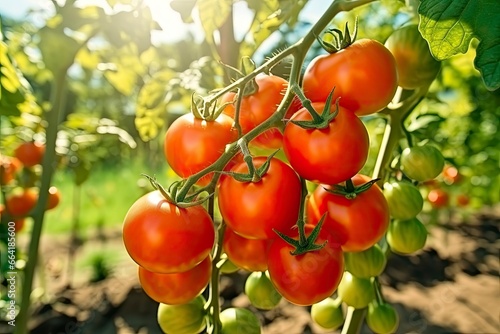 Fresh bunch of red natural tomatoes on a branch in vegetable garden.