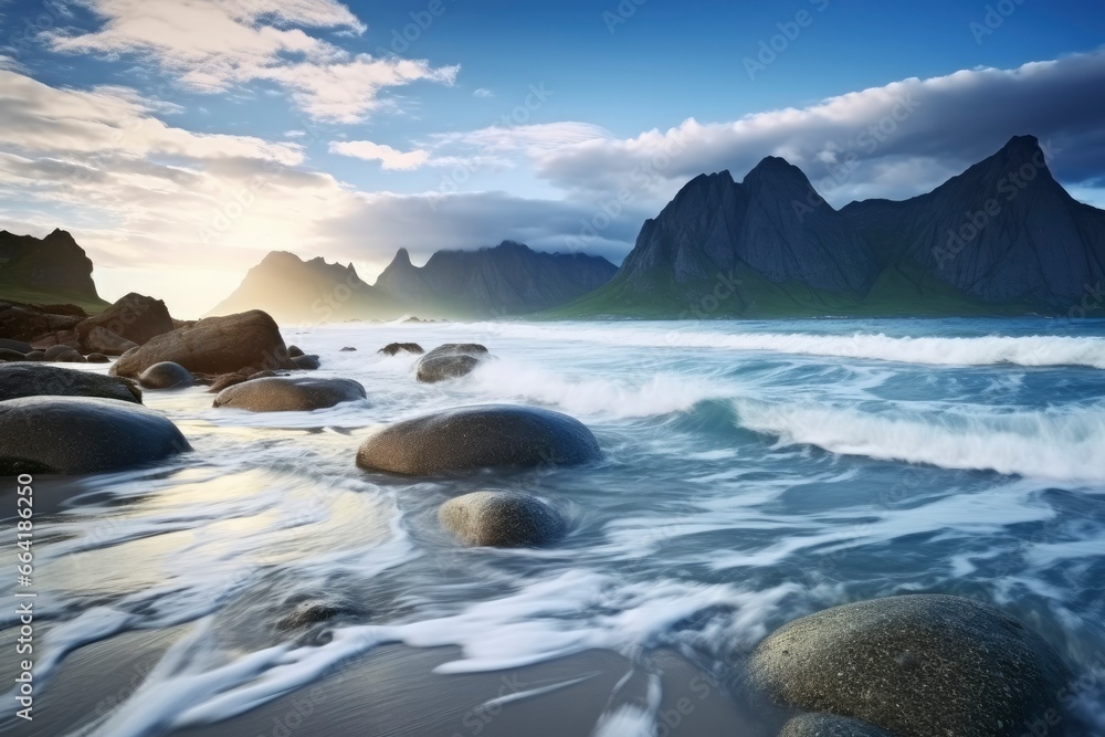 Uttakleiv Beach,with dramatic mountains and peaks, open sea and sheltered bays, beaches and untouched lands. Uttakleiv Beach,with dramatic mountains and peaks, open sea and sheltered bays, beaches and untouched lands.