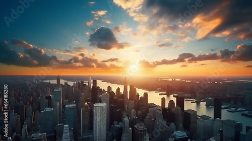 Fantastic Amazing aerial panoramic view of Manhattan with sunset