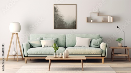 Stylish interior design of living room with modern mint sofa, wooden console, cube, coffee table, lamp, plant, mock up poster frame, pillows, plaid, decoration and elegant accessories in home decor. © Faheem