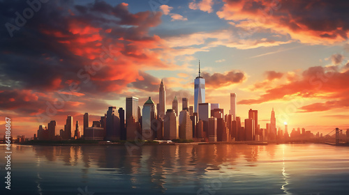 Amazing New York City Panorama at Sunrise New York City Backgrou © BornHappy