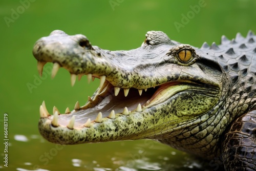 Crocodile with its mouth wide open with a green lake in the green background. © Anny