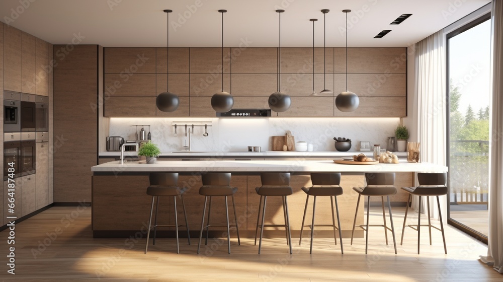 White and brown modern kitchen with wooden island - 3d rendering White and brown modern kitchen with wooden island - 3d rendering