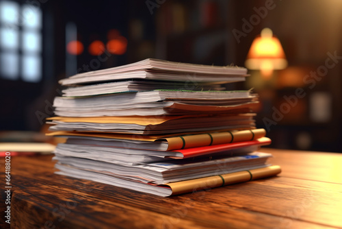 Business concept. Stack of papers or documents placed on wooden table. Abstract office background with copy space