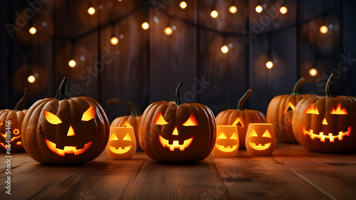 Halloween Carved Pumpkins on wooden table. Holiday background © Poramet