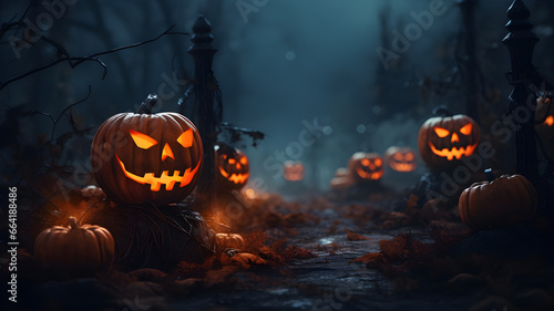 Spooky Halloween banner in a misty forest with an arrangement of glowing evil jack-o-lantern pumpkins and burning candles with dried leaves