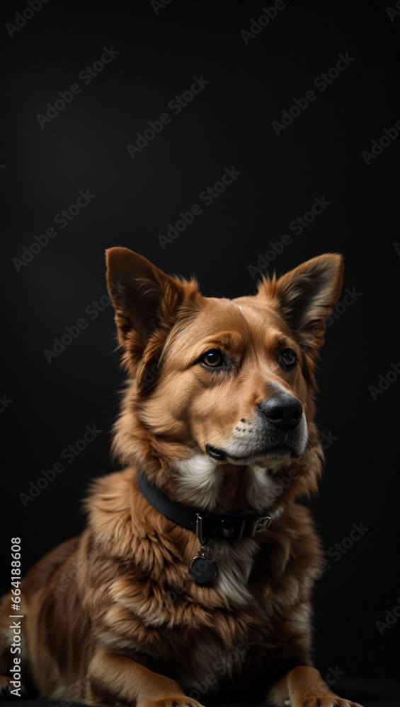 dog over black background. Backdrop with copy space