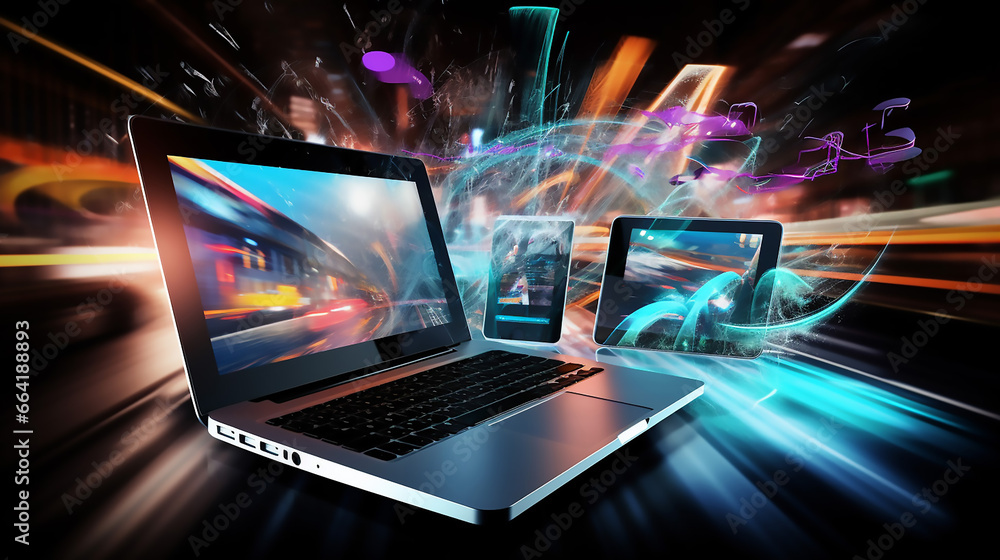Modern Laptop Smart Phone and Tablet Transferring Data Modern Laptop Smart Phone and Tablet Transferring Data