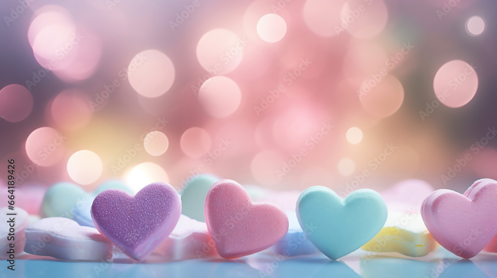Fantastic Pastel Colored Candy Hearts in a Bokeh Background
