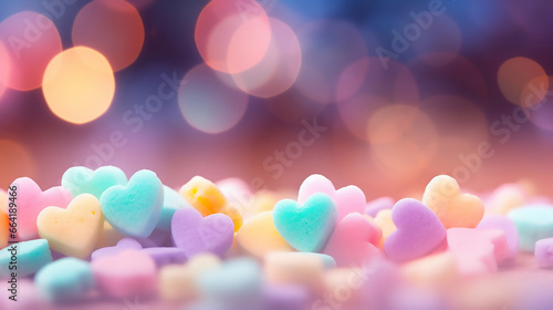 Cute Pastel Colored Candy Hearts in a Bokeh Background