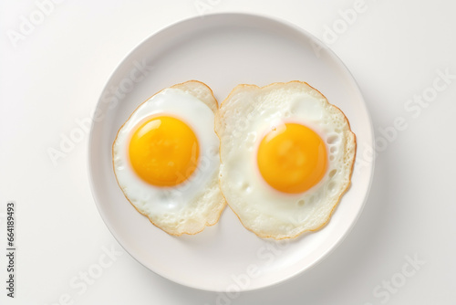 Food concept. Top view of two fried eggs on plate. Minimalist style, muted pastel colors