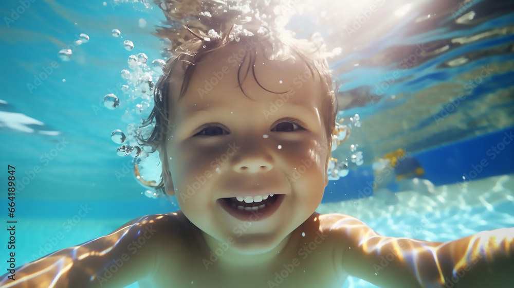 Funny Portrait of Child Learn Swimming Diving