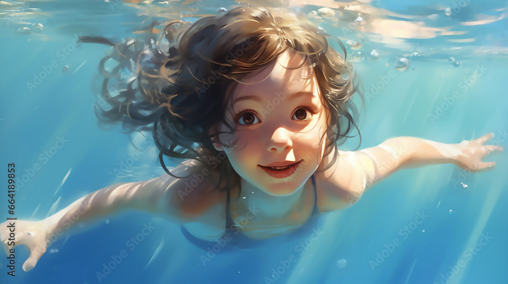 Beautiful Cute Little Girl Swimming in the Pool