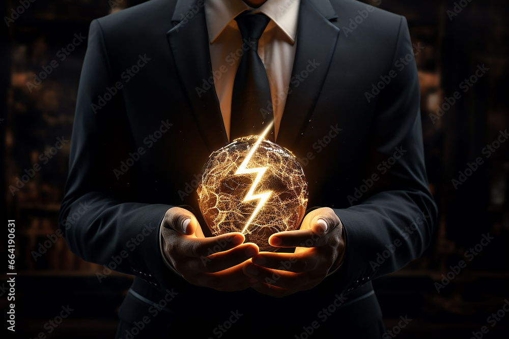 Generative AI Image of Businessman Hands with Ball and Symbol of Lightning - obrazy, fototapety, plakaty 