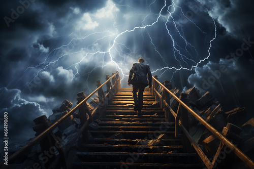 Generative AI Image of Businessman Walking Up Stairs with Thunderbolts in the Sky