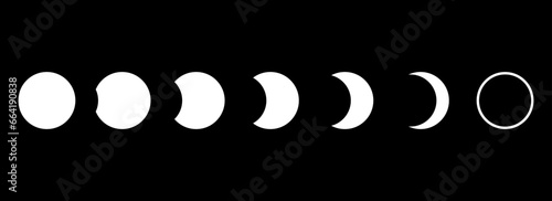Full moon eclipse concept illustration. Set of moon phases or stages. Total sun eclipse and lunar cycle. Black and white vector elements collection for poster, banner, collage, brochure